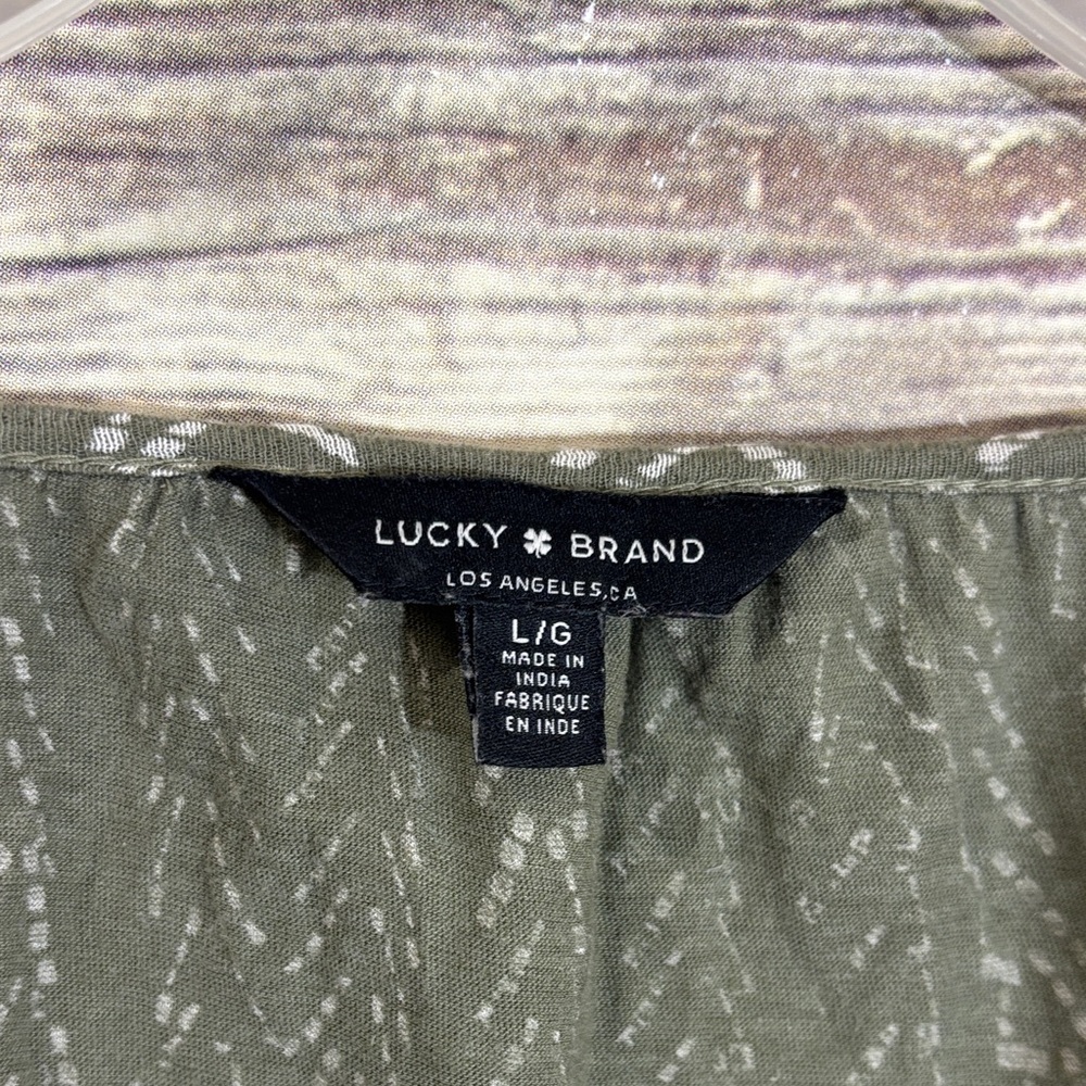 Lucky Brand Blouse Long‎ Sleeve Top L Large Sage Green Patterned Shirred Loose - Picture 4 of 5